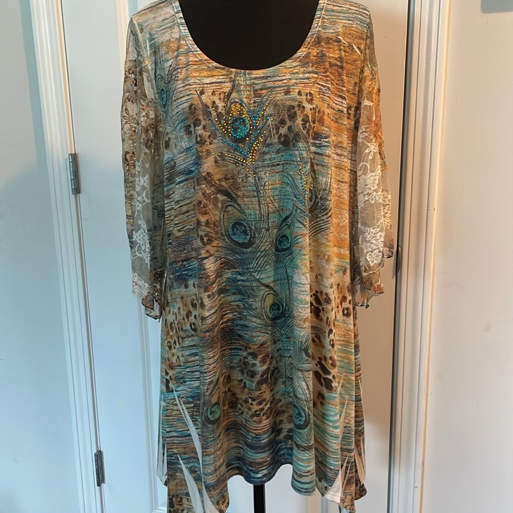 Cal Style Tunic Top Women Size L Sheer Sleeve Multicolor Ditsy Print Bedazzled